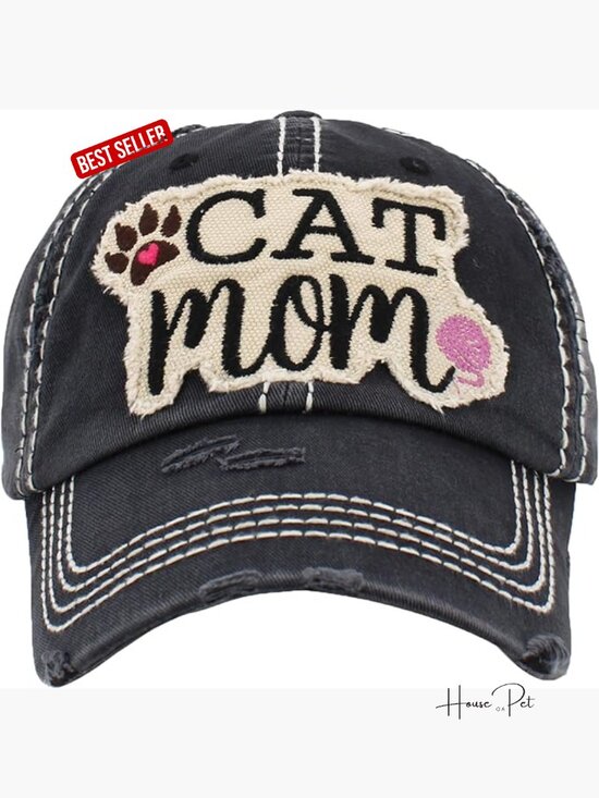 Cat Mom Baseball Hat Distressed Embroidered Patch Adjustable Velcro Cotton